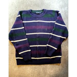Nautica Cable Knit Sweater Men Large Purple Stripe 100% Cotton Casual
